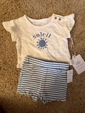 cloud island White Tee with Blue Soleil Graphic and Blue Striped Shorts